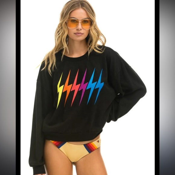 Aviator Nation BOLT GRADIENT RELAXED CREW SWEATSHIRT - BLACK // RAINBOW- small - Picture 1 of 4